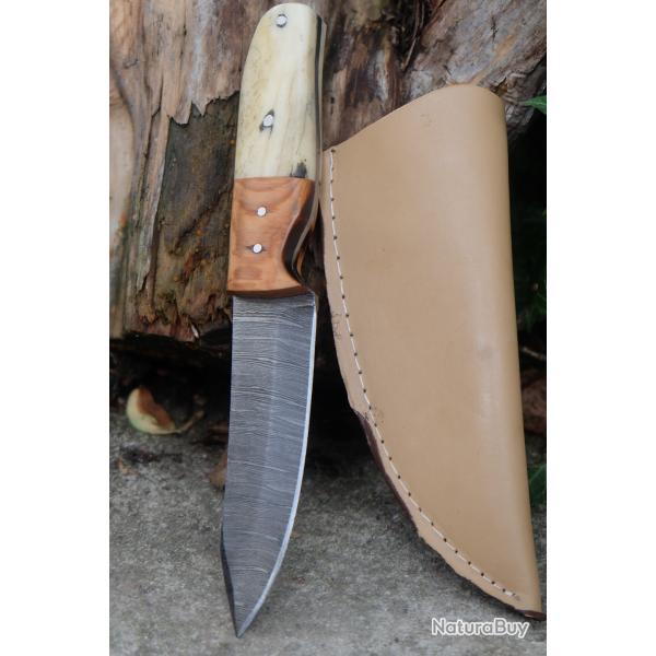 Couteau Skinner Damas Lame Acier 256 Couches Manche Bois/Os Etui Simili Cuir Fab Artisanale