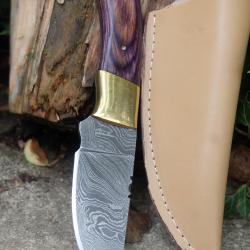 Couteau Skinner Damas Lame Drop Point Acier 256 Couches Manche Bois/Laiton Etui Cuir F Artisanale