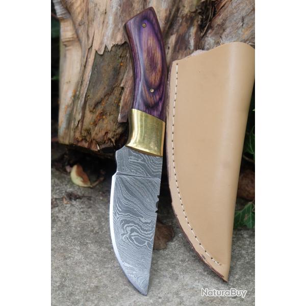 Couteau Skinner Damas Lame Drop Point Acier 256 Couches Manche Bois/Laiton Etui Cuir F Artisanale