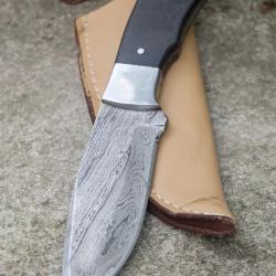 Couteau Skinner Damas Lame Drop Point Acier 256 Couches Manche Micarta/Acier Etui Cuir F Artisanale