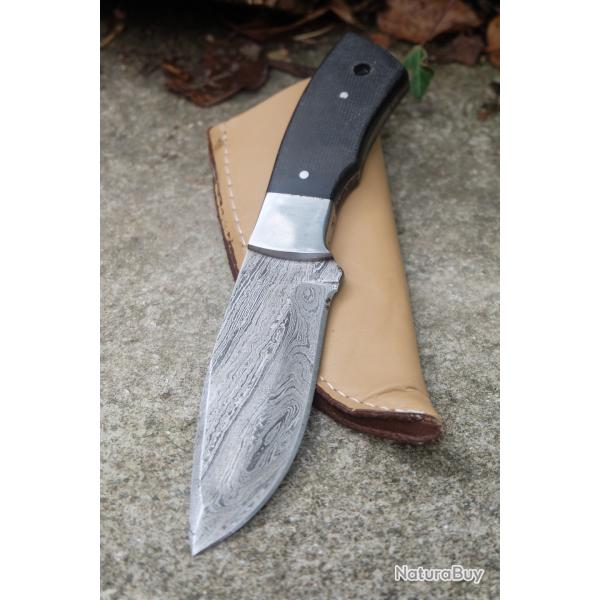 Couteau Skinner Damas Lame Drop Point Acier 256 Couches Manche Micarta/Acier Etui Cuir F Artisanale
