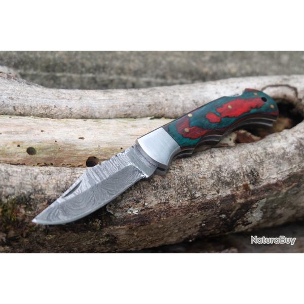 Couteau Lame Damas 128 Couches Manche Bois Arlequin Faon Buck 112 Lockback Fabr Artisanale