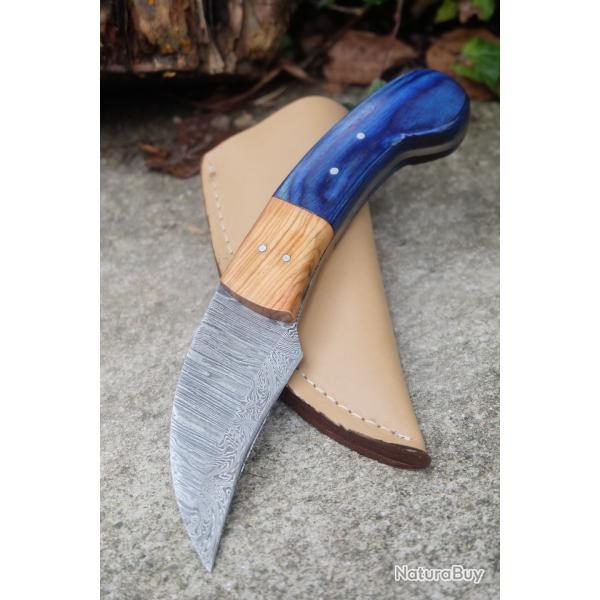 Couteau de Druide Damas Lame 256 Couches Manche Bois Atlantide Fabr Artisanale Etui Simili Cuir