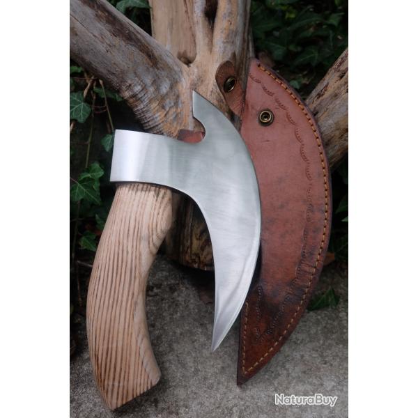 HACHE TOMAHAWK HACHETTE Hache de Gimli Lame Acier Carbone Manche Bois Etui Cuir Fabric Artisanale