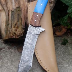 Mini Katana Couteau Tanto Damas Lame 256 Couches Manche Bois/Résine Fabrication Artisanale Etui Cuir