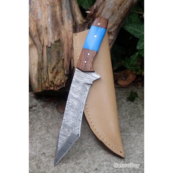 Mini Katana Couteau Tanto Damas Lame 256 Couches Manche Bois/Rsine Fabrication Artisanale Etui Cuir