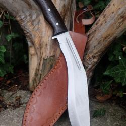 Couteau Bowie Machette Lame Kukkri Acier Carbone 1055 Manche Bois Etui Cuir Fab Artisanale