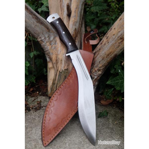 Couteau Bowie Machette Lame Kukkri Acier Carbone 1055 Manche Bois Etui Cuir Fab Artisanale