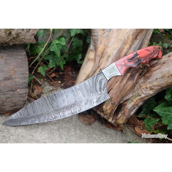 Couteau De Cuisine Santoku Lame Acier Damas 256 Couches Manche Acier/Rsine Fabrication Artisanale