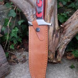Poignard Bushcraft Couteau de Chasse Survie Lame Carbone 1055 Manche Bois/Acier Etui Cuir F Artisan