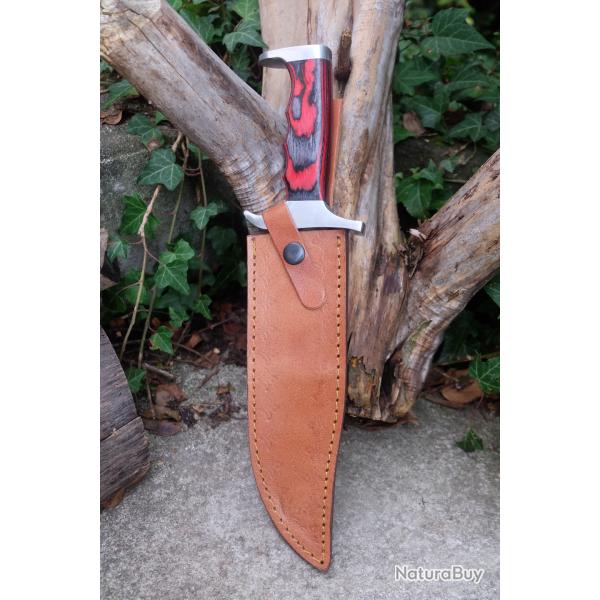 Poignard Bushcraft Couteau de Chasse Survie Lame Carbone 1055 Manche Bois/Acier Etui Cuir F Artisan
