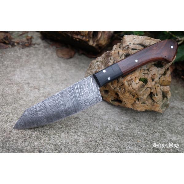 Couteau De Cuisine D'Office Lame Acier Damas 256 Couches Manche Bois & Micarta Fabric Artisanale