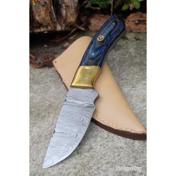 Couteau Skinner Damas Lame Drop Point Acier 256 Couches Manche Bois/Laiton Etui Cuir F Artisanale 01