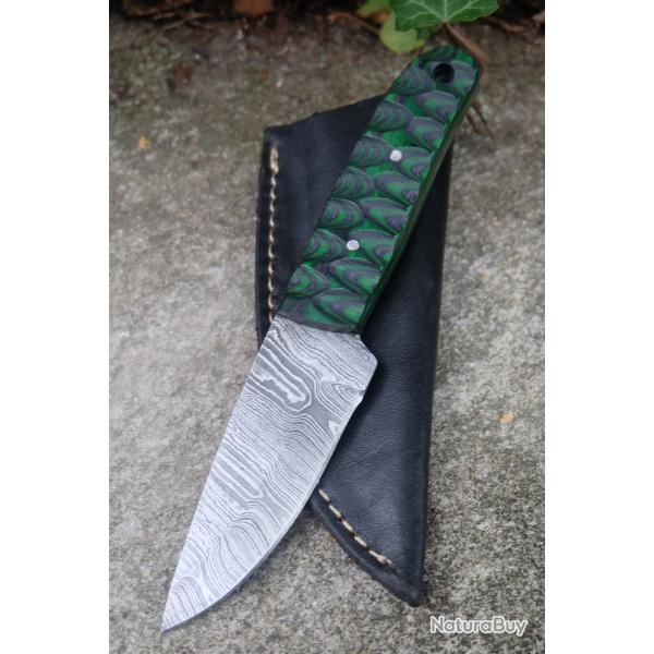 Skinner Couteau de Chasse Damas Lame 256 Couches Manche Bois Black/Green 3D Fabr Artisanat Etui Cuir