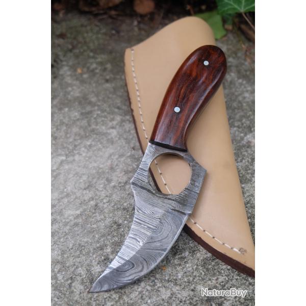 Couteau  Dpecer Petit Gibier Manche Bois Lame Acier Damas 256 Couches Etui Simili Cuir F Artisan