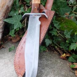 Poignard Bushcraft Couteau de Chasse Survie Lame Carbone 1055 Manche Bois/Acier Etui Cuir F Artisan0