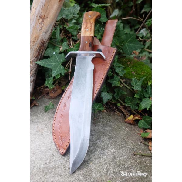 Poignard Bushcraft Couteau de Chasse Survie Lame Carbone 1055 Manche Bois/Acier Etui Cuir F Artisan0