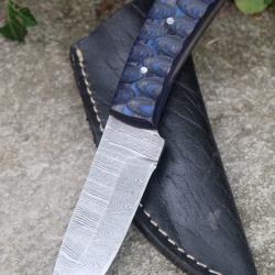 Skinner Couteau de Chasse Damas Lame 256 Couches Manche Bois Black/Blue 3D Fabr Artisanat Etui Cuir