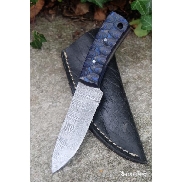 Skinner Couteau de Chasse Damas Lame 256 Couches Manche Bois Black/Blue 3D Fabr Artisanat Etui Cuir