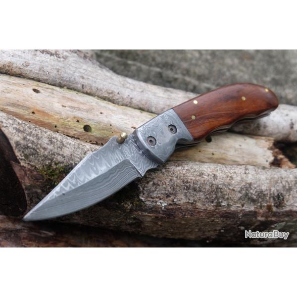 Beau Couteau Damas Lame 128 Couches Manche Bois Mitres Damas Fab Artisanale Linerlock 001