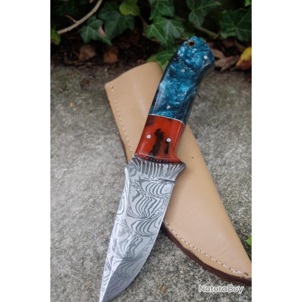 Couteau Buschraft Survie Lame Damas Acier 256 Couches Manche Rsine Etui Cuir Fabric Artisanale