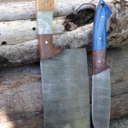 Lot de 2 Couteau : Couperet Style Japonais Kiritsuke Damas Lame 256 Couches Manche Bois Artisanale A