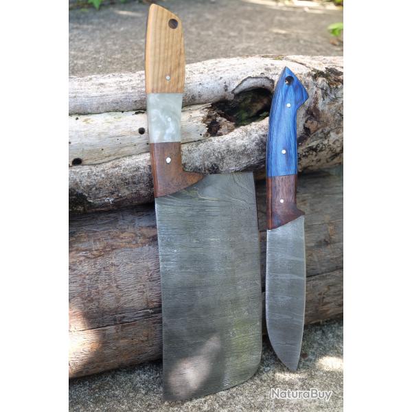 Lot de 2 Couteau : Couperet Style Japonais Kiritsuke Damas Lame 256 Couches Manche Bois Artisanale A