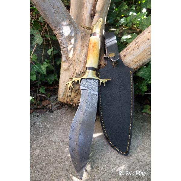 Couteau Bowie Lame Acier Damas 256 Couches Manche Os & Tte Cerf Laiton Etui Cuir Fabric Artisanale