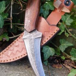 Couteau Karambit Damas Lame 256 Couches Manche Bois Etui Cuir Fabric Artisanale