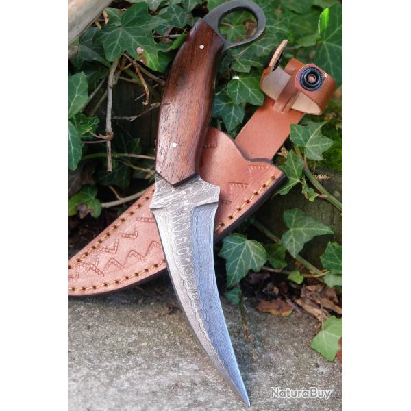 Couteau Karambit Damas Lame 256 Couches Manche Bois Etui Cuir Fabric Artisanale