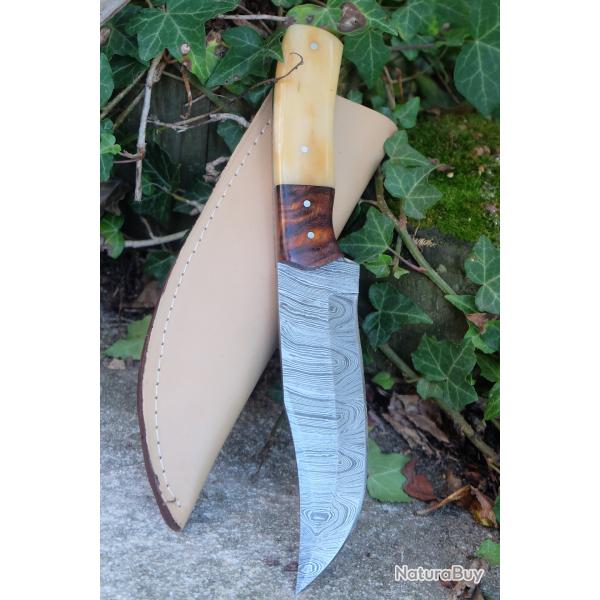 Couteau Bowie Damas Lame Clip Point Acier 256 Couches Manche Bois/Os Etui Simili Cuir Fab Artisanale