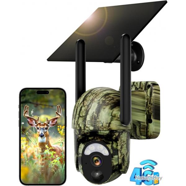 Camra Chasse Solaire 4G LTE Vision Nocturne Couleur PIR Dtection 2K PTZ Carte SIM Etanche IP65