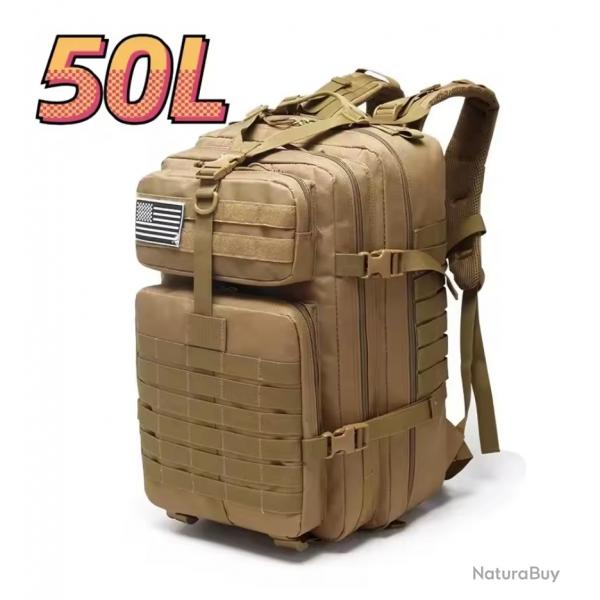 Sac  dos tactique kaki beige 50L - camping, bushcraft, tir, randonne outdoor robuste