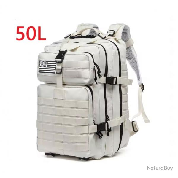Sac  dos tactique blanc 50L - bivouac, survie, pche, plein air, camping, randonne solide
