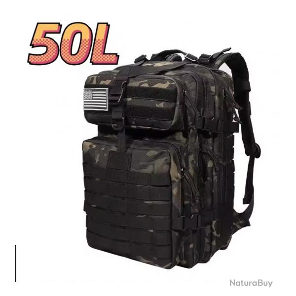 Sac  dos tactique camouflage noir 50L - airsoft, tir, bushcraft, chasse, pche outdoor impermable