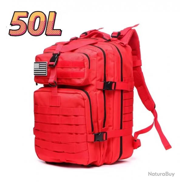 Sac  dos tactique rouge 50L - randonne, camping, chasse, voyage,  outdoor robuste