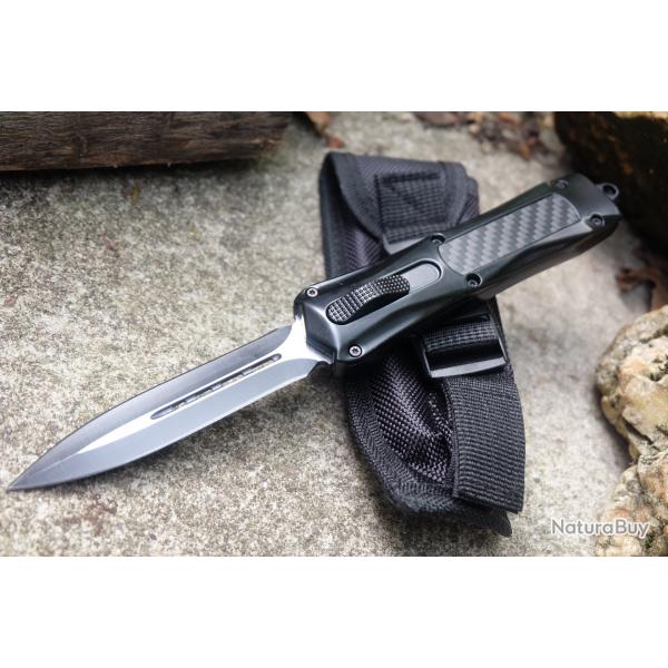 Couteau Automatique OTF Out the Front Lame Dague Double Edge Acier 440 Manche Alu/FCarbone Clip Etui