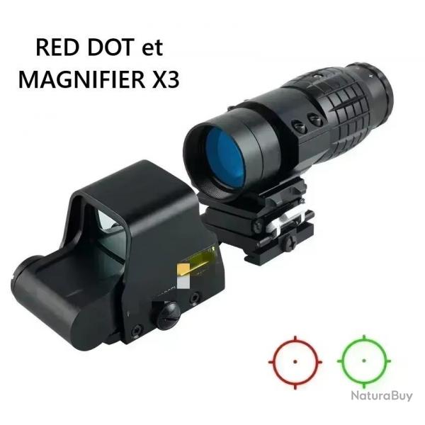 Pack Red Dot holographique et magnifier zoom X3 pour rail picatinny (