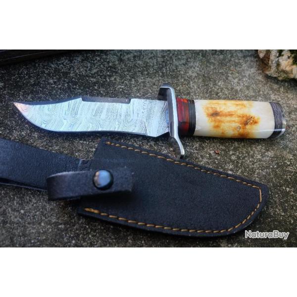 Couteau Damas Lame 256 Couches Lame Bowie Manche Os Cerf Fabric Artisanale Etui Nylon 002