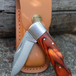 Couteau Bison River Manche Bois Lame Clip Point Acier 3Cr13 Sécurité Lockback Etui Cuir