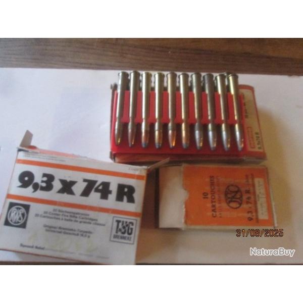 Lot de 39 cartouches (balles) Cal 9.3x74R (diverses marques et type)