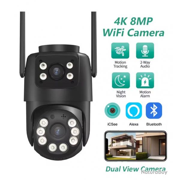 Camra de Surveillance WiFi 4K 8MP - PTZ Double Objectif Zoom 4X Vision Nocturne