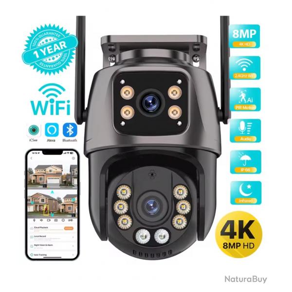 Camra de Surveillance WiFi 4K 8MP PTZ Double Objectif Zoom 4X Vision nocturne IP66