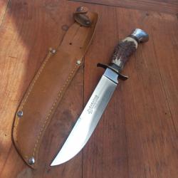 Grand Couteau de Chasse SABATIER Manche en Bois de Cerf avec Étui en cuir