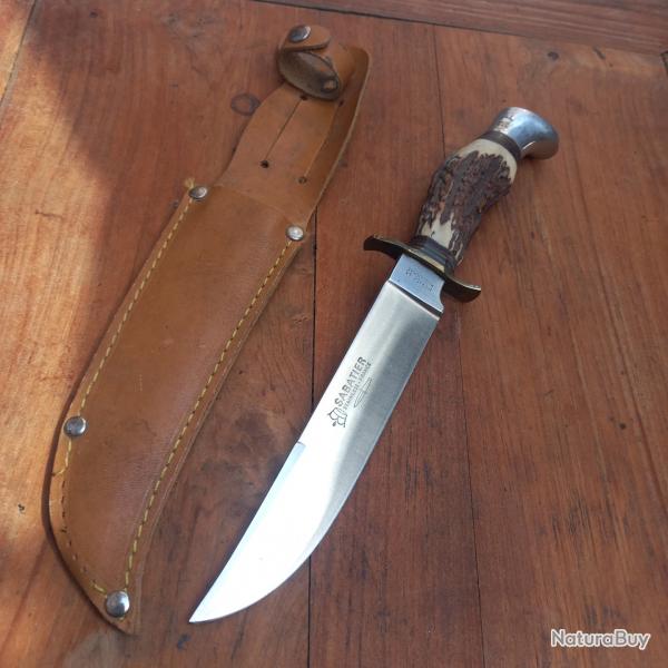 Grand Couteau de Chasse SABATIER Manche en Bois de Cerf avec tui en cuir