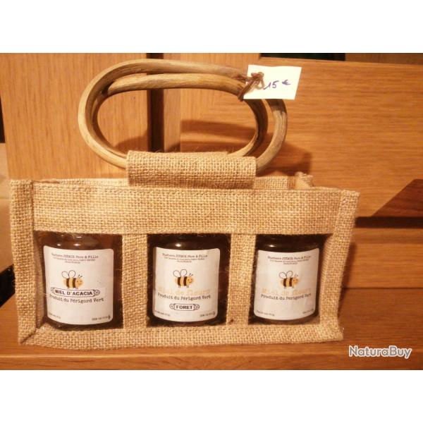 Trio de trois pots de miel de 250g dans un panier en toile de jute avec poigne bois
