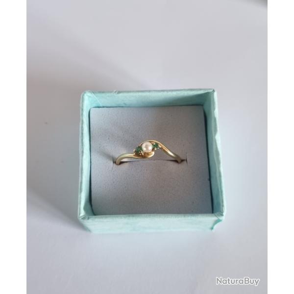 Bague Or 18K Perle De Culture paule De Pierres De Verte T 54 - 55 , Gold 750