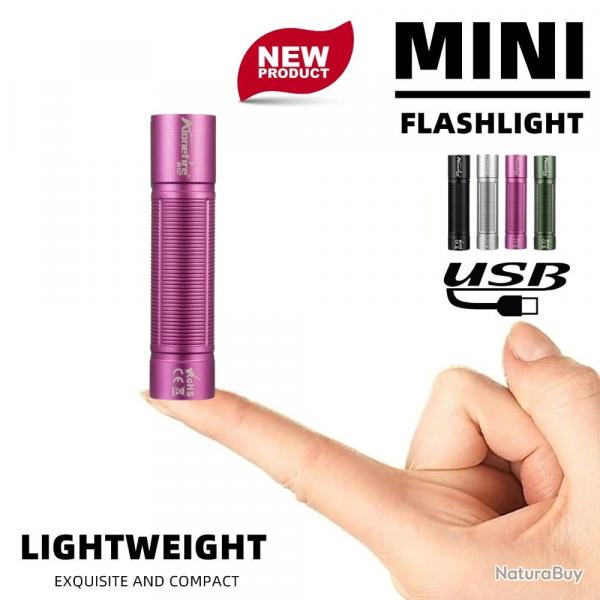Lampe Torche de Poche LED Rose Puissante Rechargeable USB-C 300 lm | Activits Outdoor Porte-Cl