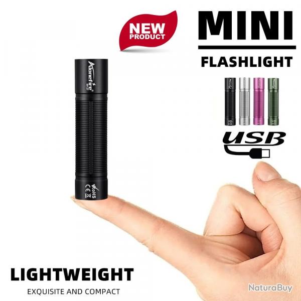 Lampe Torche LED de Poche Noire Puissante Rechargeable USB-C 300 Lumens | Outdoor | Porte-Cl