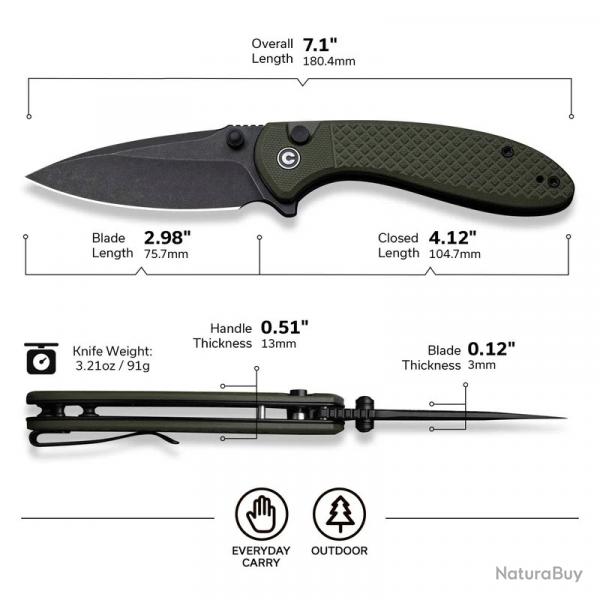 Couteau Civivi Faeger Lame Acier 14C28N Blk Manche G10 Green Button Lock IKBS CIVC240312